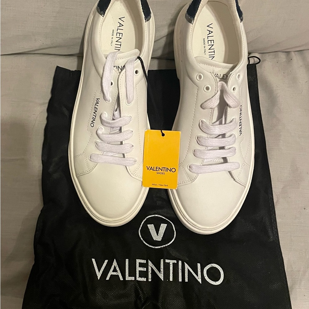 Valentino Men Luxury Sneaker, Size 12, White & Denim Blue Color